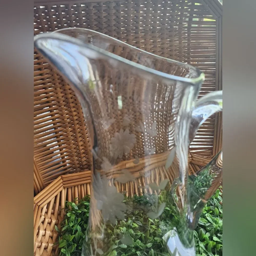 Vintage Etched Floral Pitcher Large
